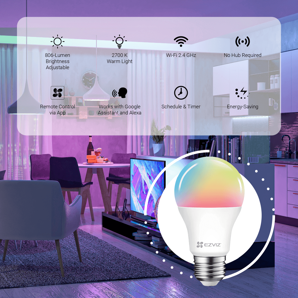 Đèn LED EZVIZ CS-HAL-LB1-LCAW thông minh điều khiển từ xa, hỗ trợ 16 triệu màu, WiFi 2.4 GHz.