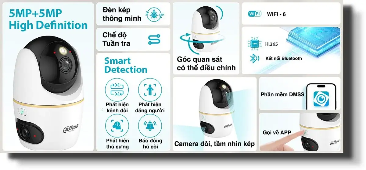 Camera Wifi Hero Dual D1 10MP (DH-H5D-5F) DAHUA, Camera 2 ống kính, nhìn xa 30m, mic & loa, đàm thoại 