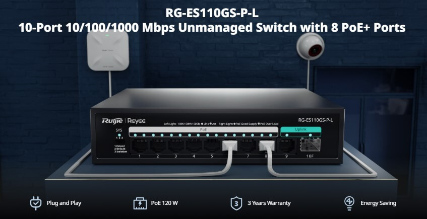 Hình ảnh chi tiết Unmanaged Switch Ruijie 8 Port Poe 120W RG-ES110GS-P-L