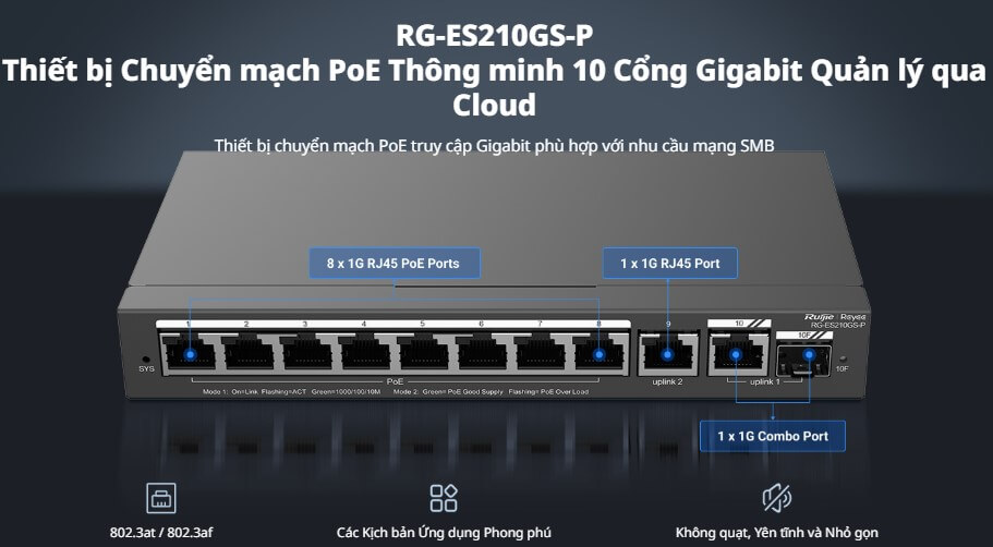 HÌnh ảnh RG-ES210GS-P Switch RUIJIE 10 Cổng Poe 120W