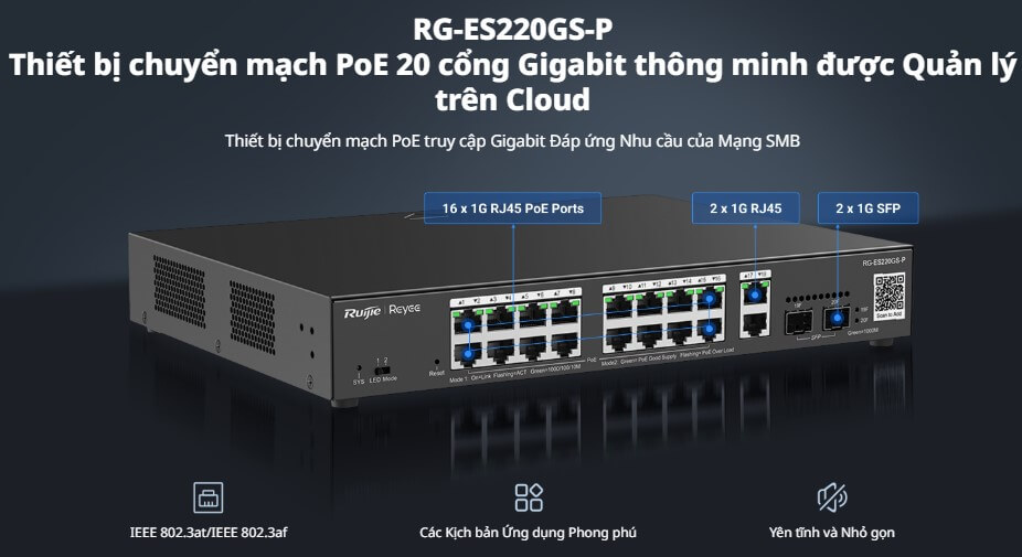 Hình ảnh chi tiết Switch PoE RUIJIE 20 Cổng RG-ES220GS-P 250W